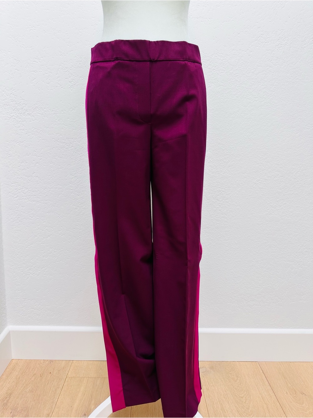 Theory Two-Tone Plum Wide-Leg Pants with Pink Side Stripe